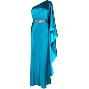 Sachin & Babi Zahara One-Shoulder Satin Gown Blue Crystal Belt Sz 8 NWT